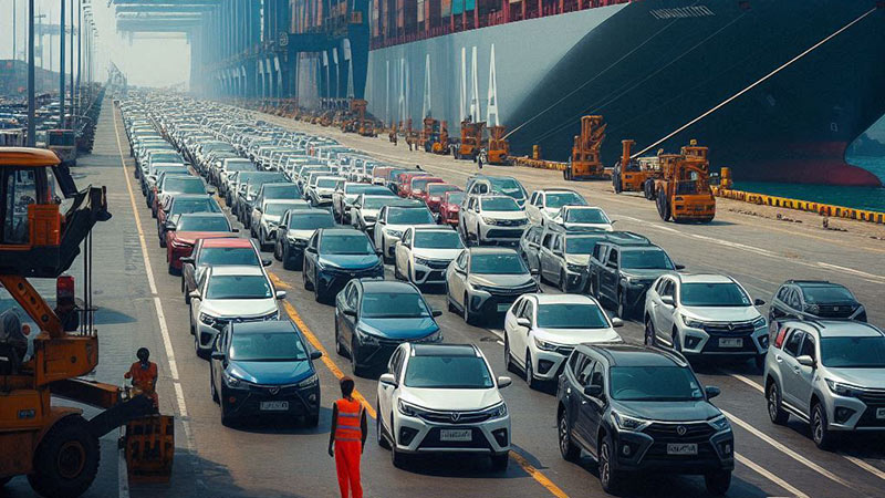 Imported vehicles are parked at a port